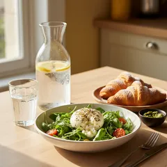 Insalata con burrata, croissant e acqua aromatizzata su tavolo in cucina illuminata dal sole.