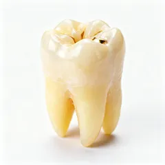 Dente umano isolato su sfondo bianco, dettaglio anatomico per odontoiatria.